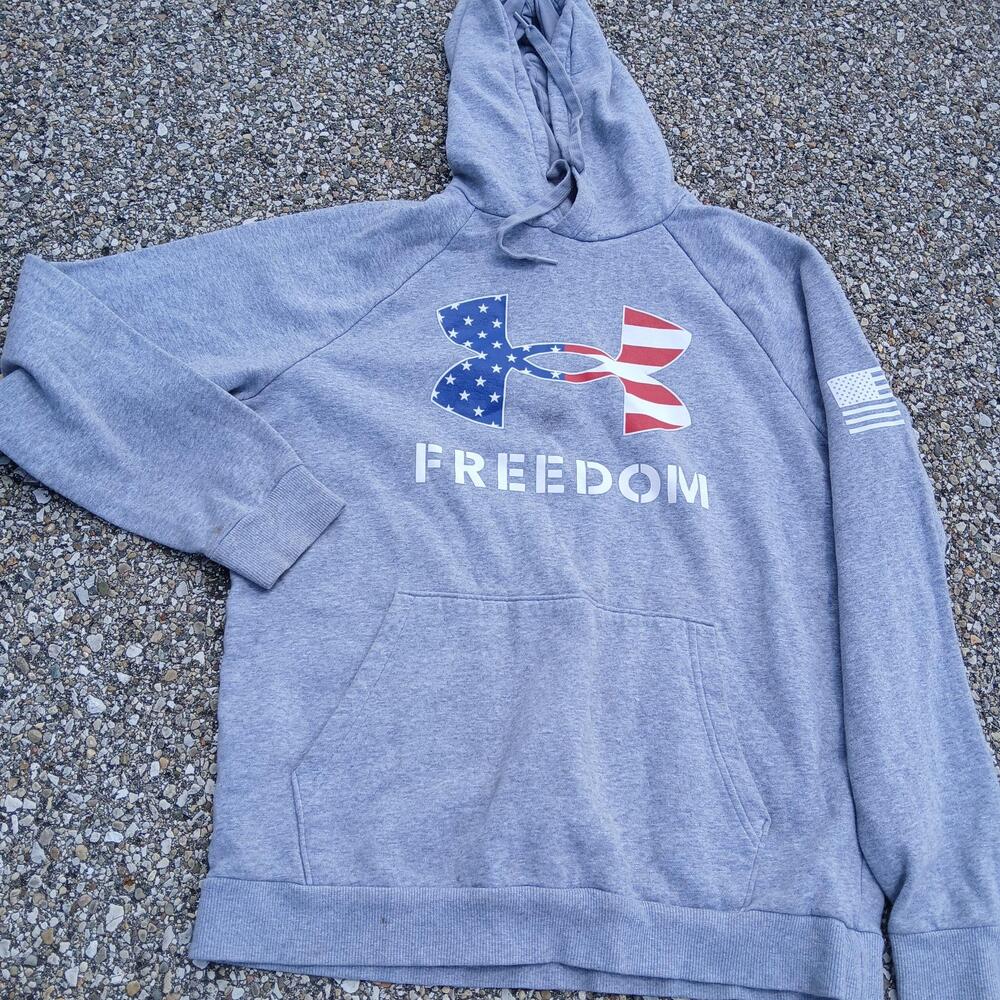 Under Armour Hoodie Mens Medium Gray Freedom Flag Pullover Sweatshirt Fleece